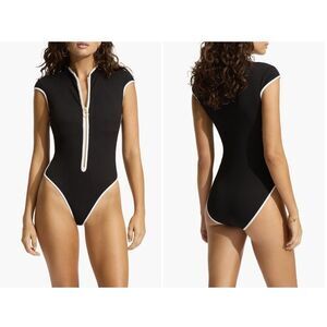New $220 Seafolly Cap Sleeve Colorblock Zip-Up One-Piece Swimsuit  6 US 10 UK